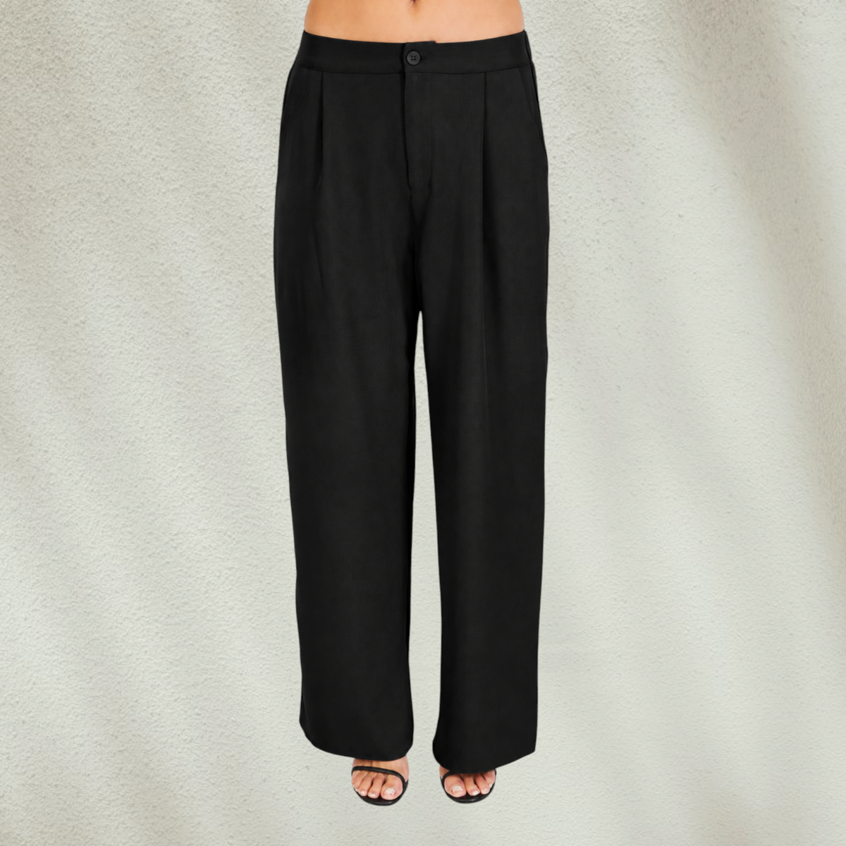 Purple Lola's Block black high-waisted wide-leg dress pants with a clean front and side pockets.