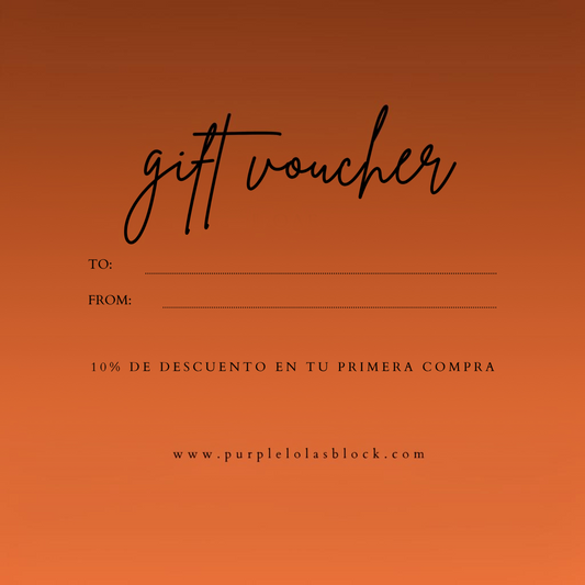 Purple Lola's Block gift voucher card with an orange gradient background and space for recipient and sender names.