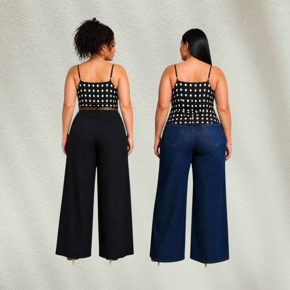 Purple Lola's Block Isabela polka dot tank top with spaghetti straps worn by models with wide leg pants