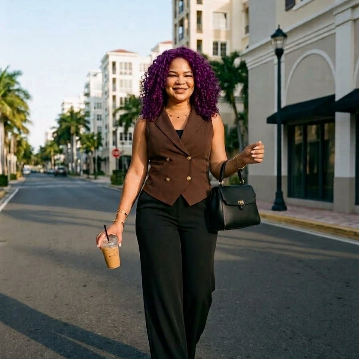 Purple Lola's Block model wearing black high-waisted wide-leg Belinda pants and a brown tailored vest on a city street.