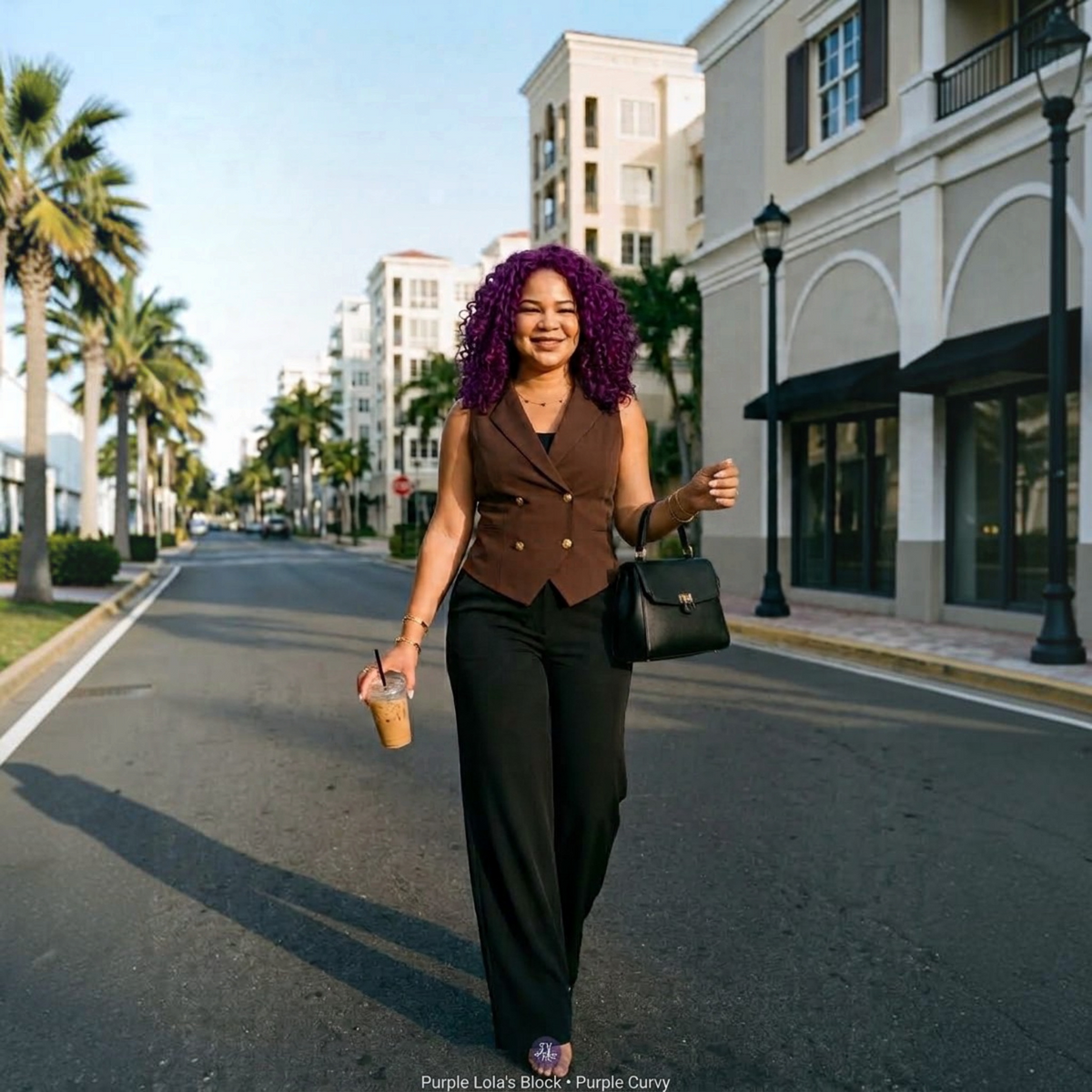 Model wearing a brown double-breasted tailored vest from Purple Lola's Block with black trousers on a city street.