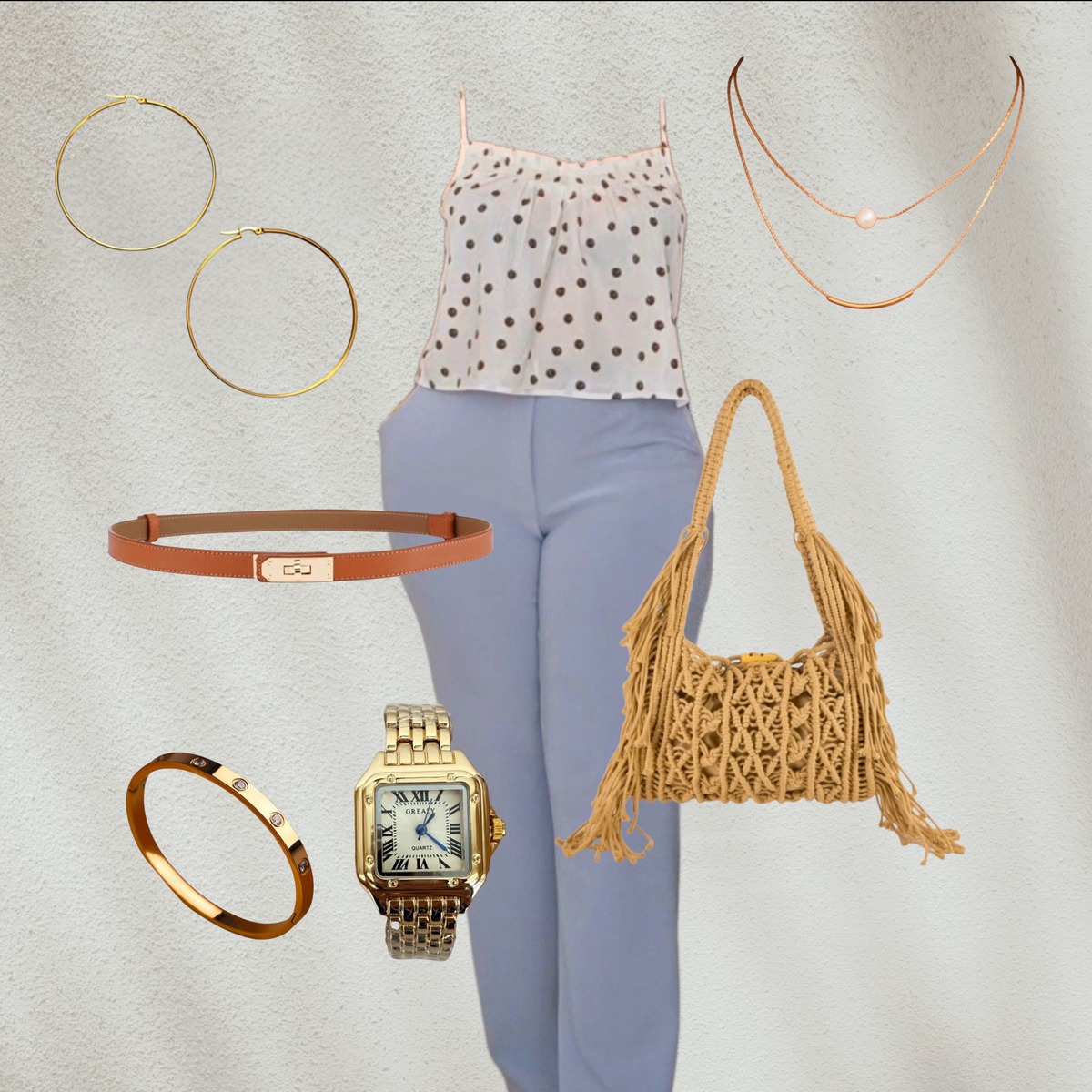 Purple Lola's Block 8-piece outfit set including a polka dot cami, wide-leg pants, gold jewelry, belt, watch, and bag.