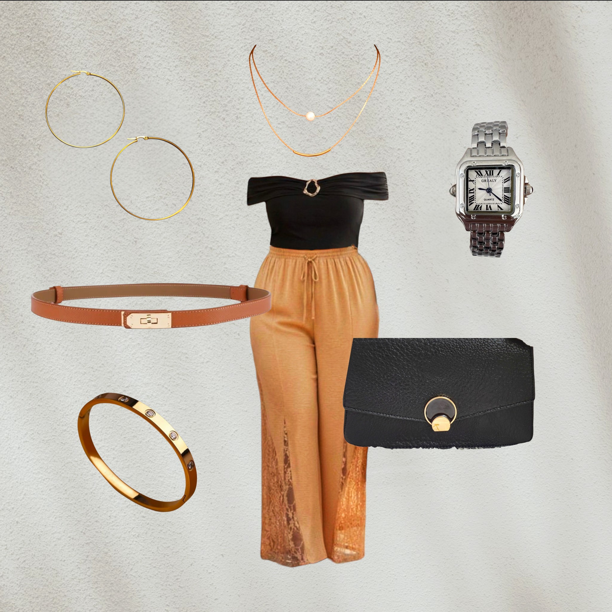Purple Lola's Block 8-piece premium outfit set featuring a black off-shoulder top, lace wide-leg pants, and accessories.