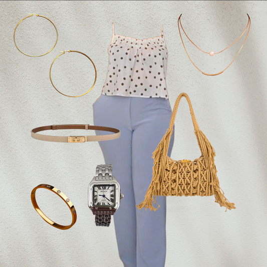 Purple Lola's Block 8-piece outfit set featuring a polka dot cami, wide-leg pants, gold jewelry, watch, and summer bag.