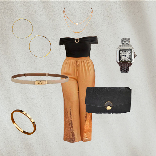 Purple Lola's Block 8-piece outfit set featuring an off-shoulder top, lace wide-leg pants, belt, bag, and gold jewelry.