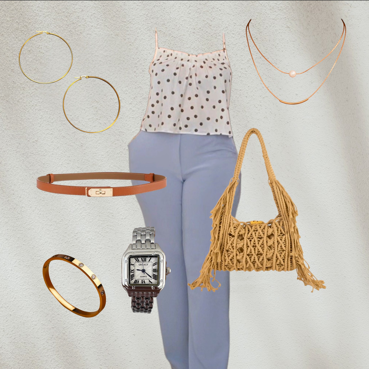 Purple Lola's Block 8-piece premium outfit set featuring a polka dot cami, wide-leg pants, gold jewelry, and summer bag.