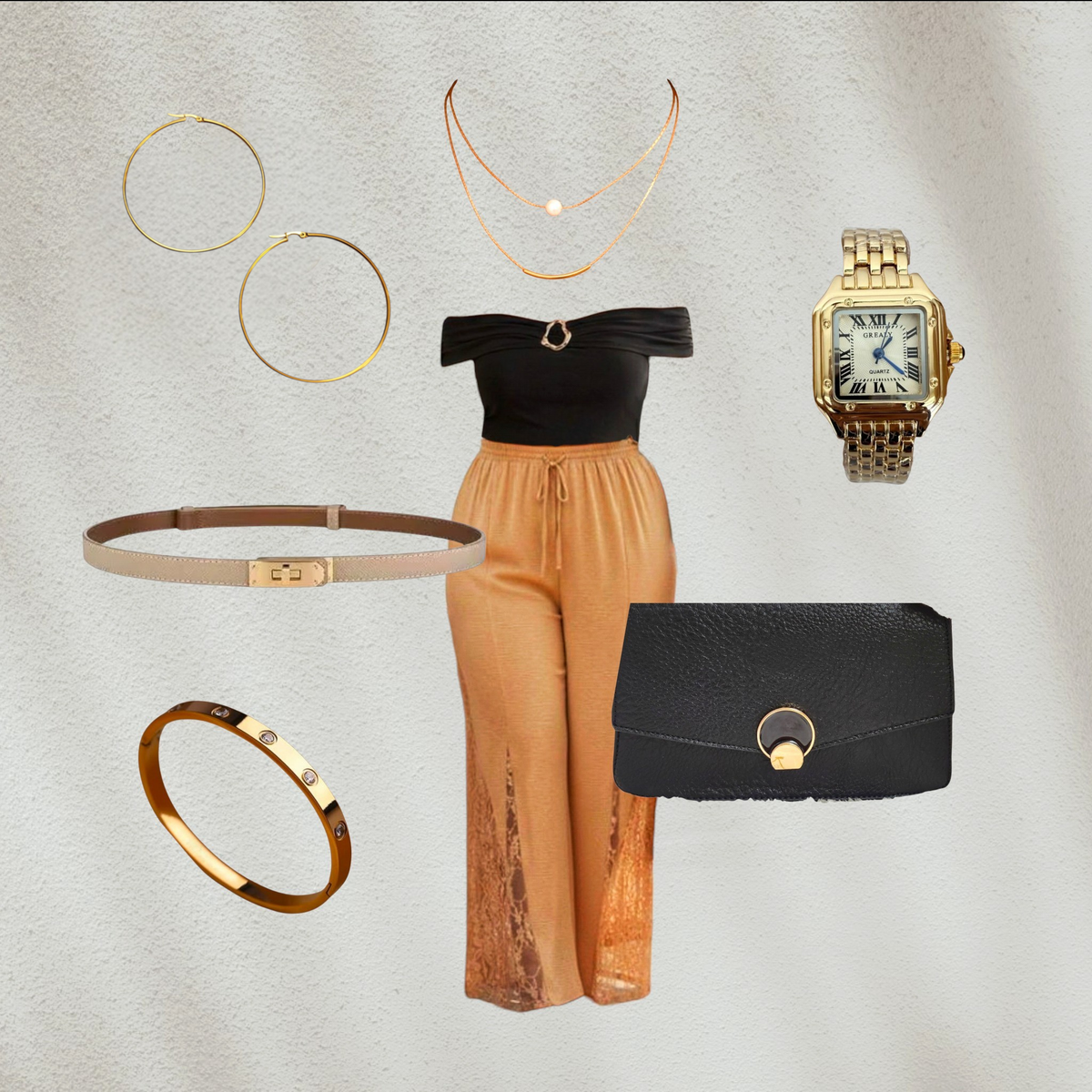 Purple Lola's Block 8-piece outfit set featuring a black off-shoulder top, lace wide-leg pants, and gold accessories.