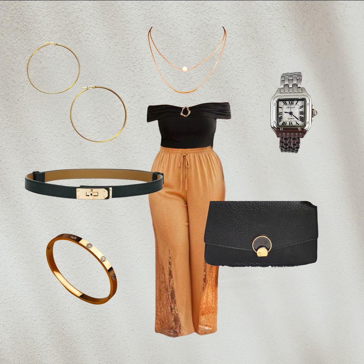 Purple Lola's Block 8-piece premium outfit set featuring a black off-shoulder top, lace pants, jewelry, and accessories.