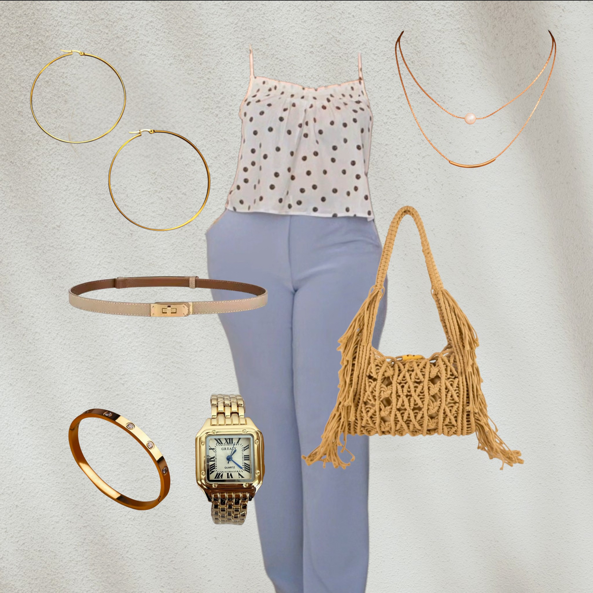 Purple Lola's Block 8-piece premium outfit set featuring a polka dot cami, wide-leg pants, gold jewelry, and summer bag.