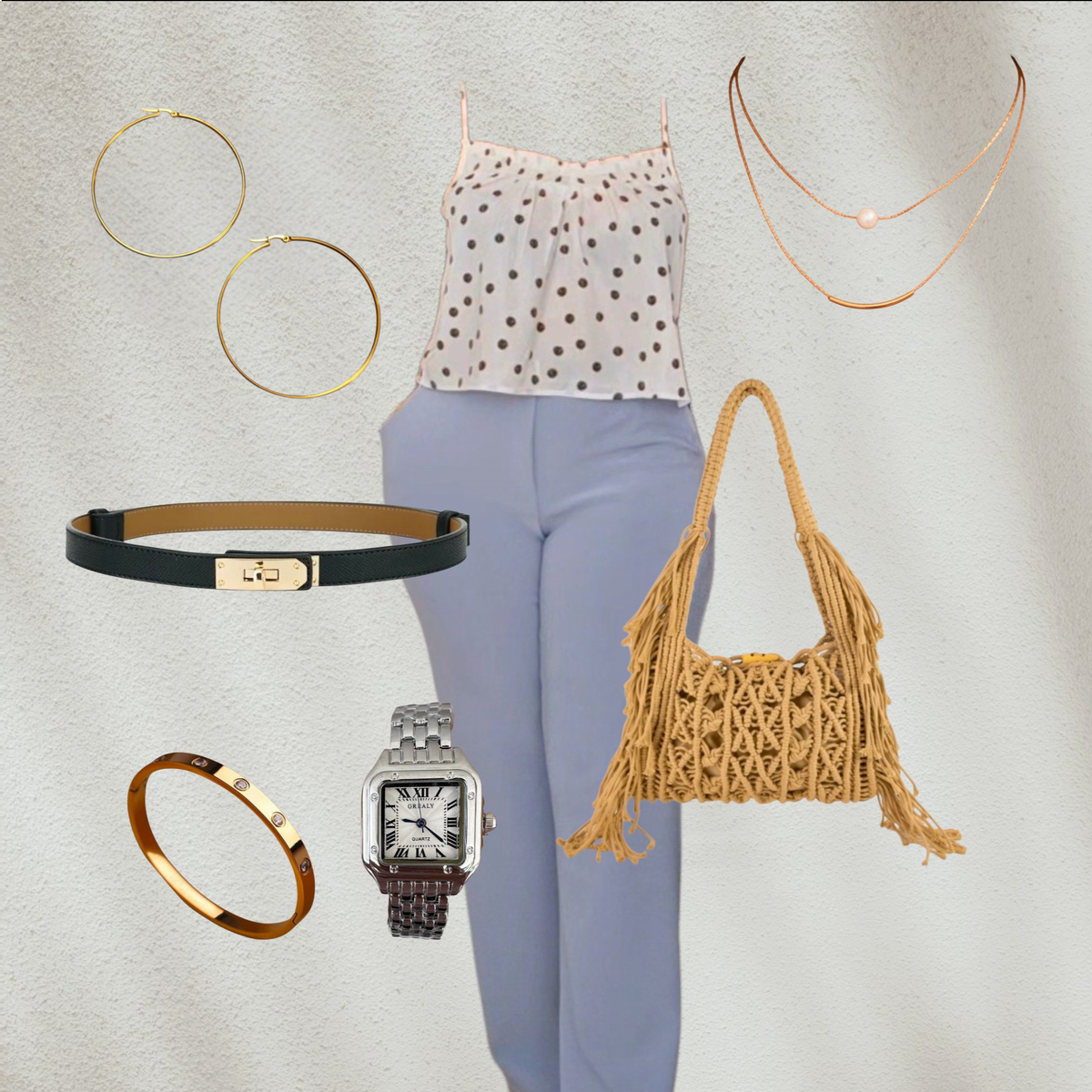 Purple Lola's Block 8-piece outfit set featuring a polka dot cami, wide-leg pants, gold jewelry, belt, watch, and bag.