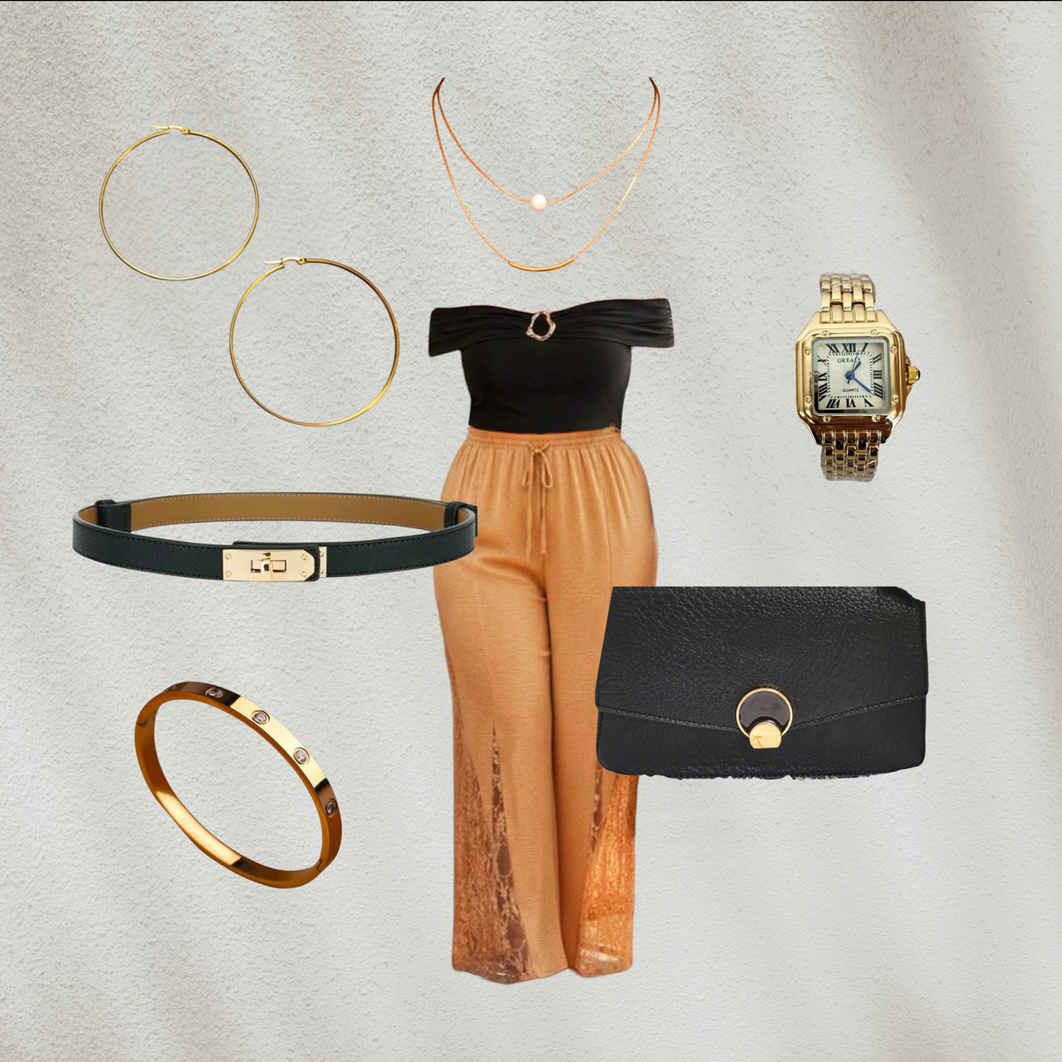 Purple Lola's Block 8-piece outfit set featuring a black off-shoulder top, lace wide-leg pants, and gold accessories.