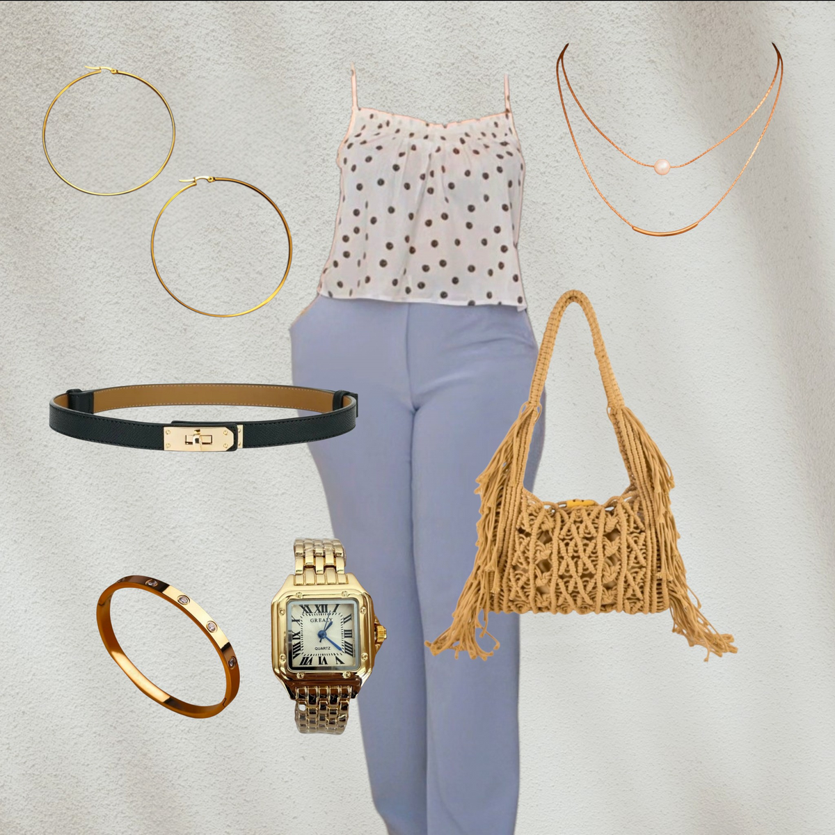 Purple Lola's Block 8-piece outfit set featuring a polka dot cami, wide-leg pants, gold jewelry, watch, belt, and bag.